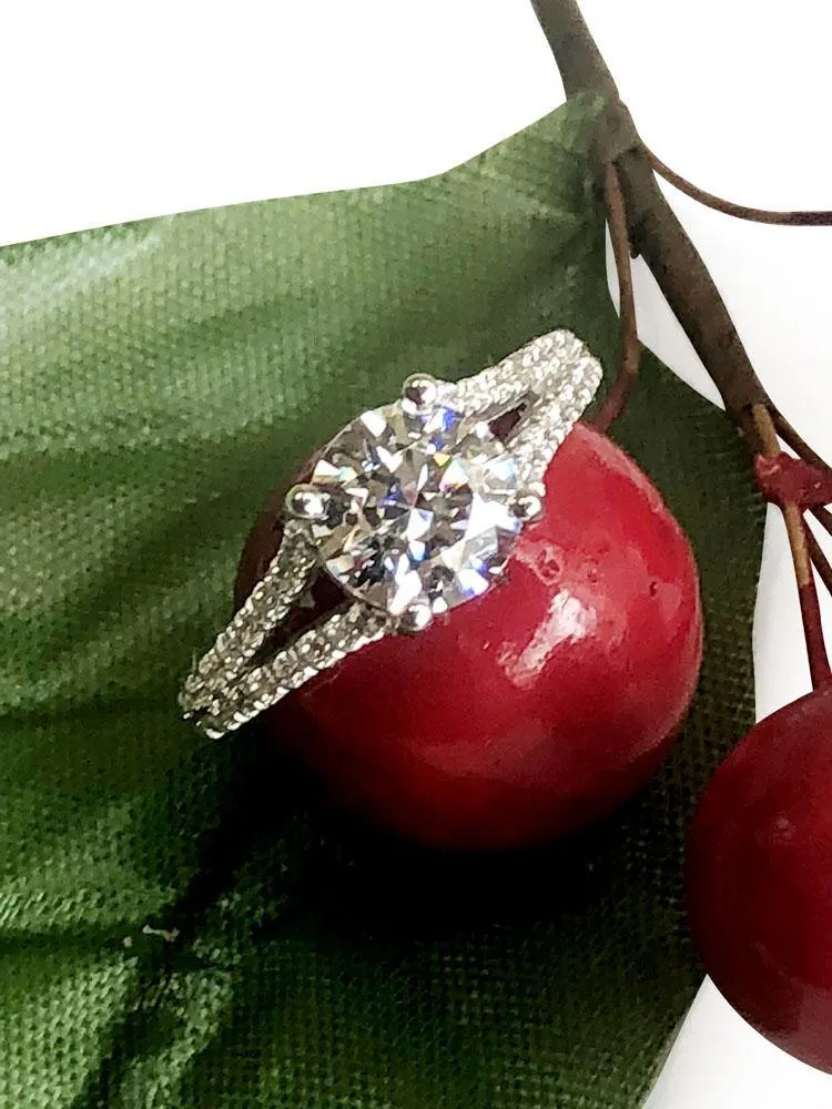 1.5 Carat Highest Quality Round Cubic Zirconia split shank with pave Engagement ring