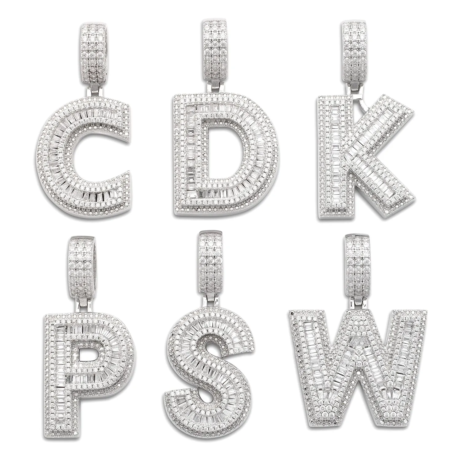 Better Jewelry Block Letter Pendant in .925 Sterling Silver w. CZ Baguette Stones