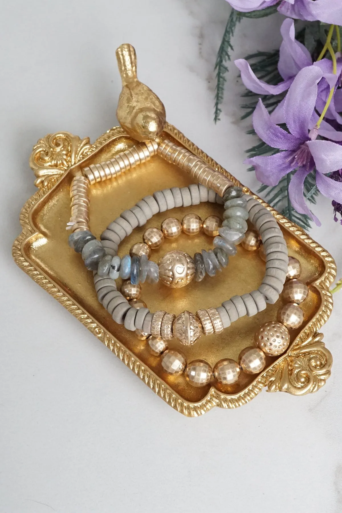 Boho Beads Bracelets set of 3 piece with Semi Precious Labradorite stones beads in Gray and gold