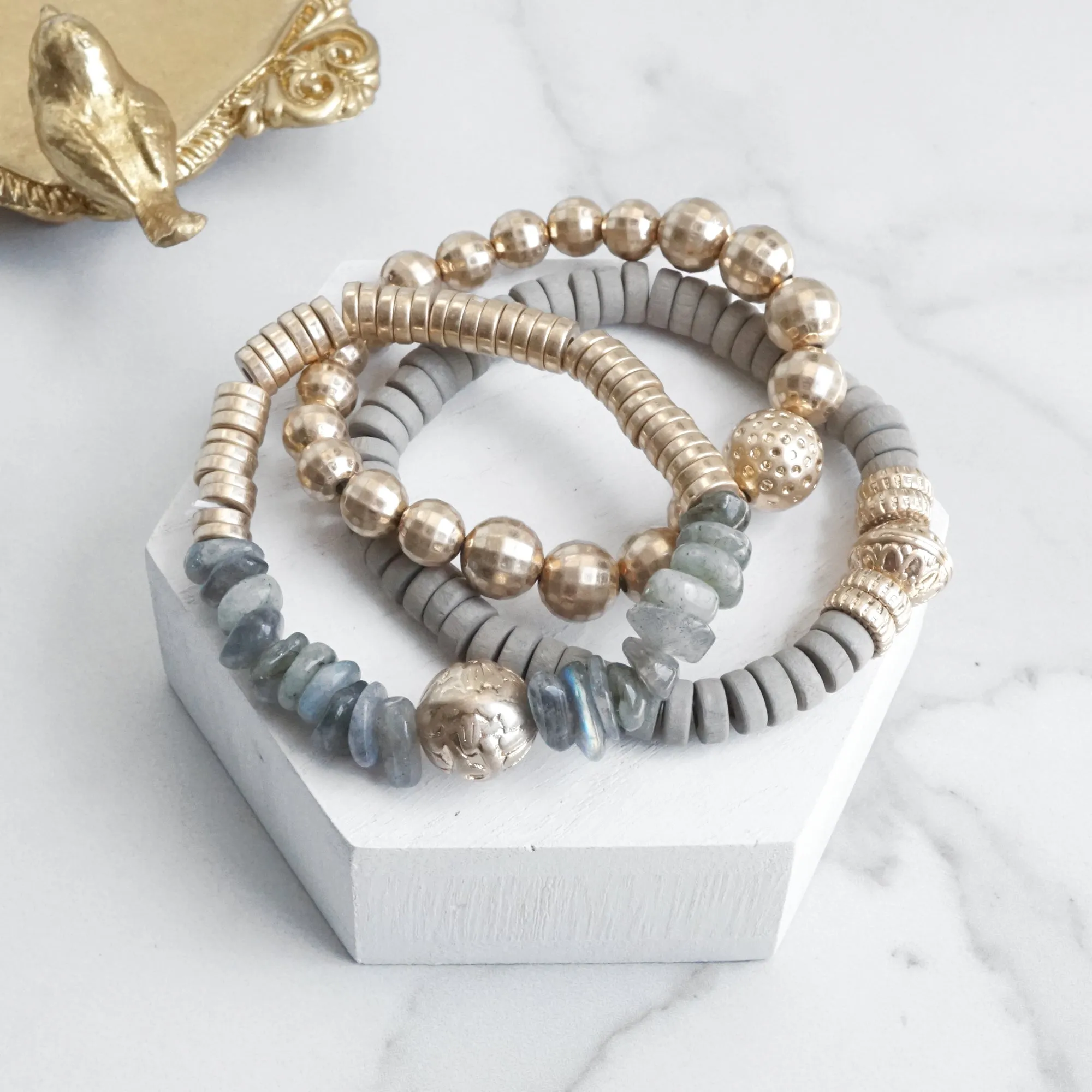 Boho Beads Bracelets set of 3 piece with Semi Precious Labradorite stones beads in Gray and gold