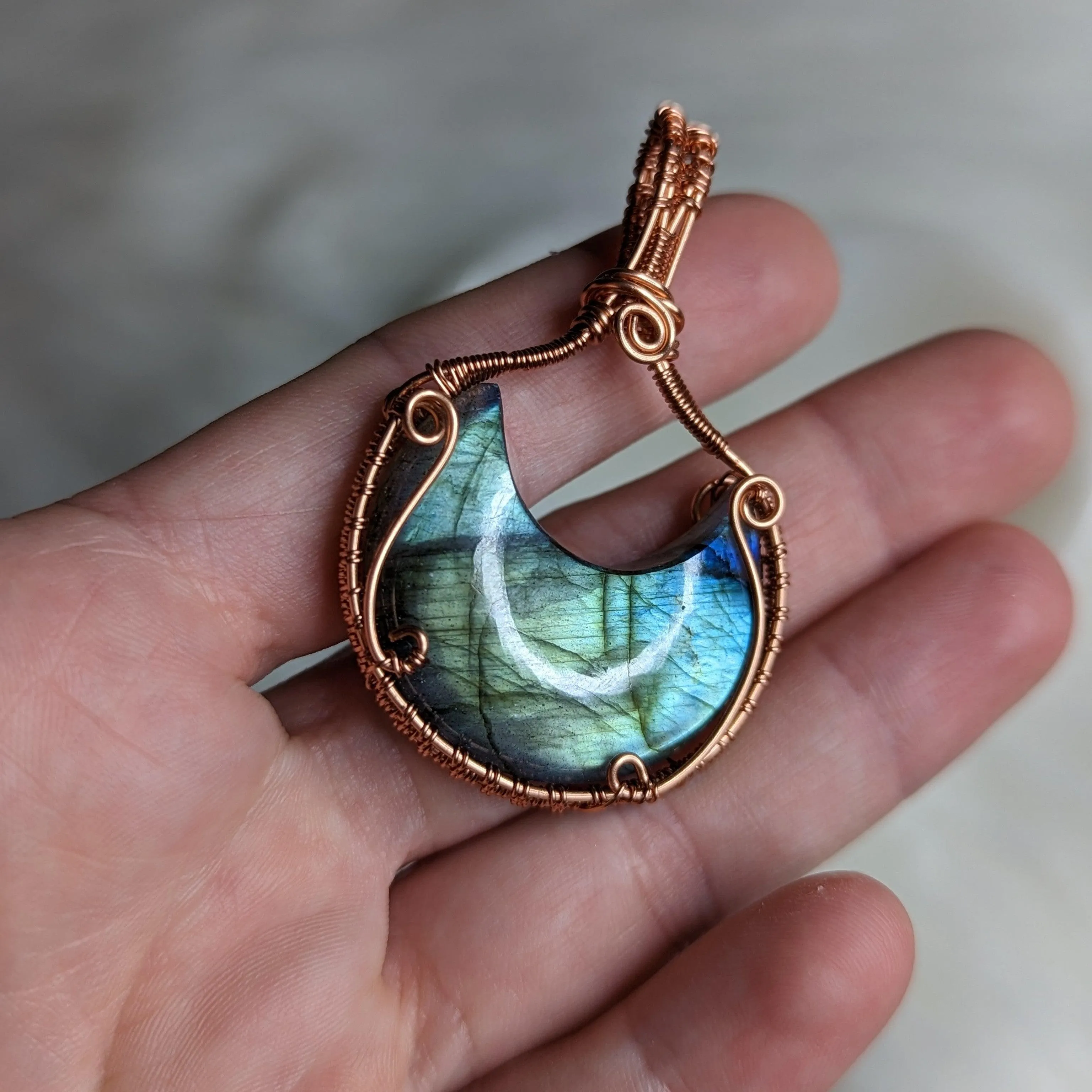 Copper Wire Wrapped Labradorite Mystical Moon Pendant