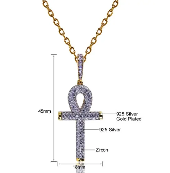 Golden Ankh Cross Pendant with Cubic Zirconia Crystal Necklace