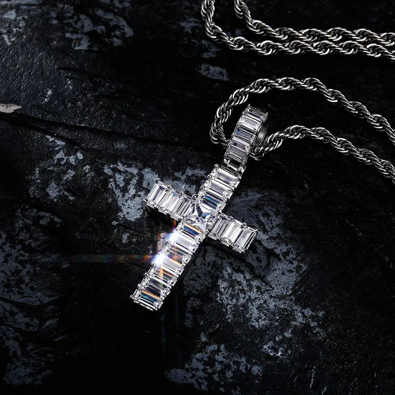 Iced Out Baguette Cut Cross Pendant - Silver