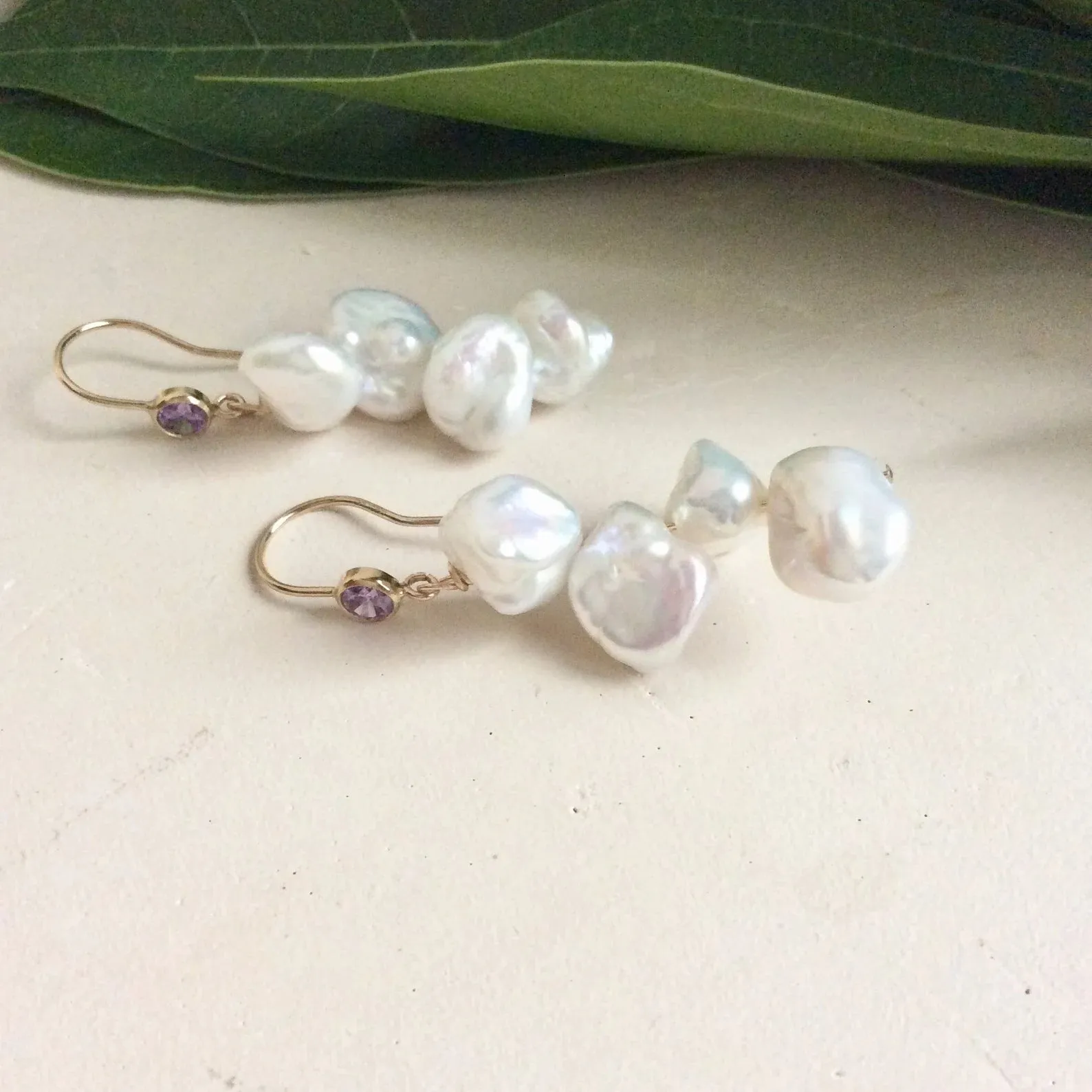 Keshi Pearl Drop Earrings, Gold Filled Hook and Purple Cubic Zirconia Bezel