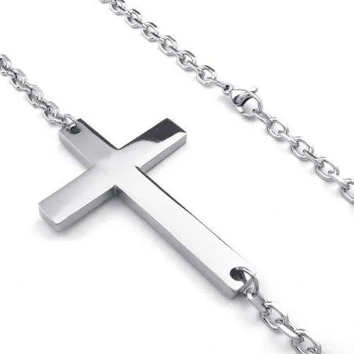 Men Women Stainless Steel Sideways Cross Pendant Necklace Chain Silver