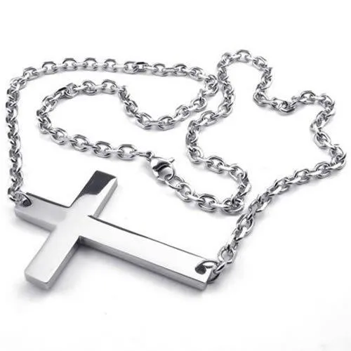 Men Women Stainless Steel Sideways Cross Pendant Necklace Chain Silver