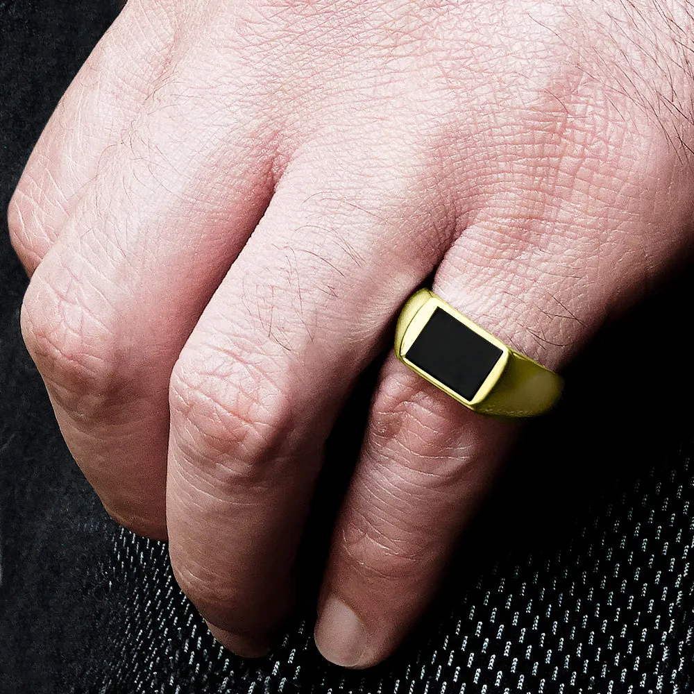 Men's 18k Solid Gold Ring with Natural Black Onyx Stone Signet Band