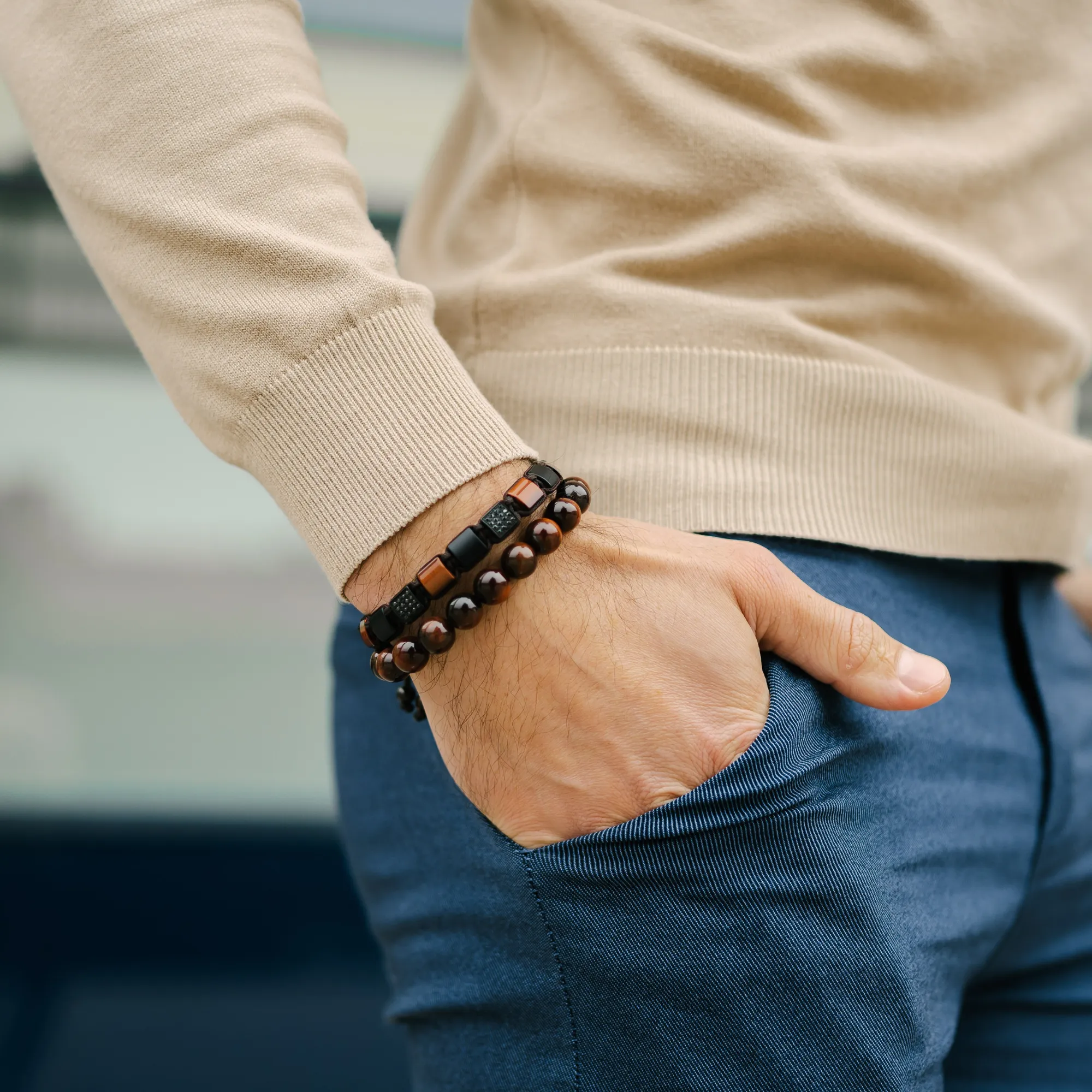 Men's RED TIGER EYE Beaded Bracelet - One Size Fits All