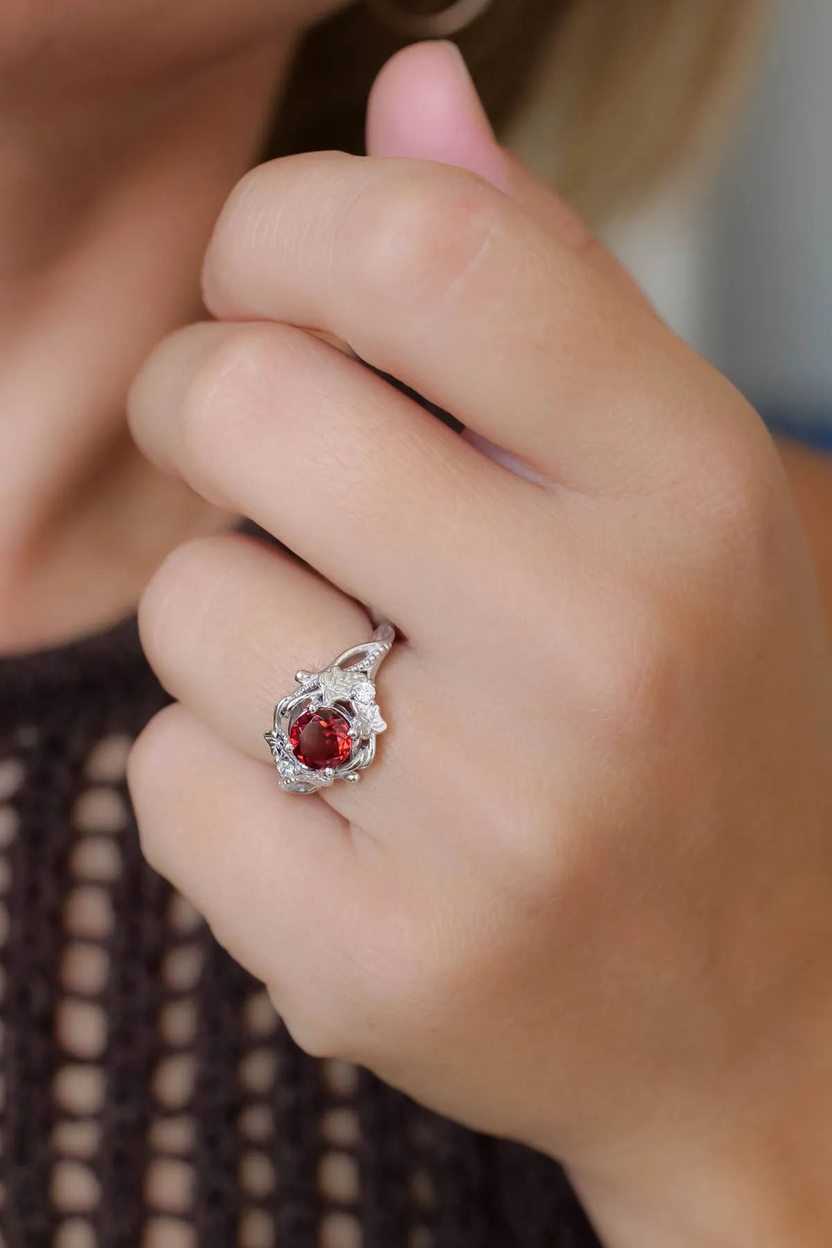 Natural garnet ivy leaves engagement ring, red gemstone ring / Ivy Undina