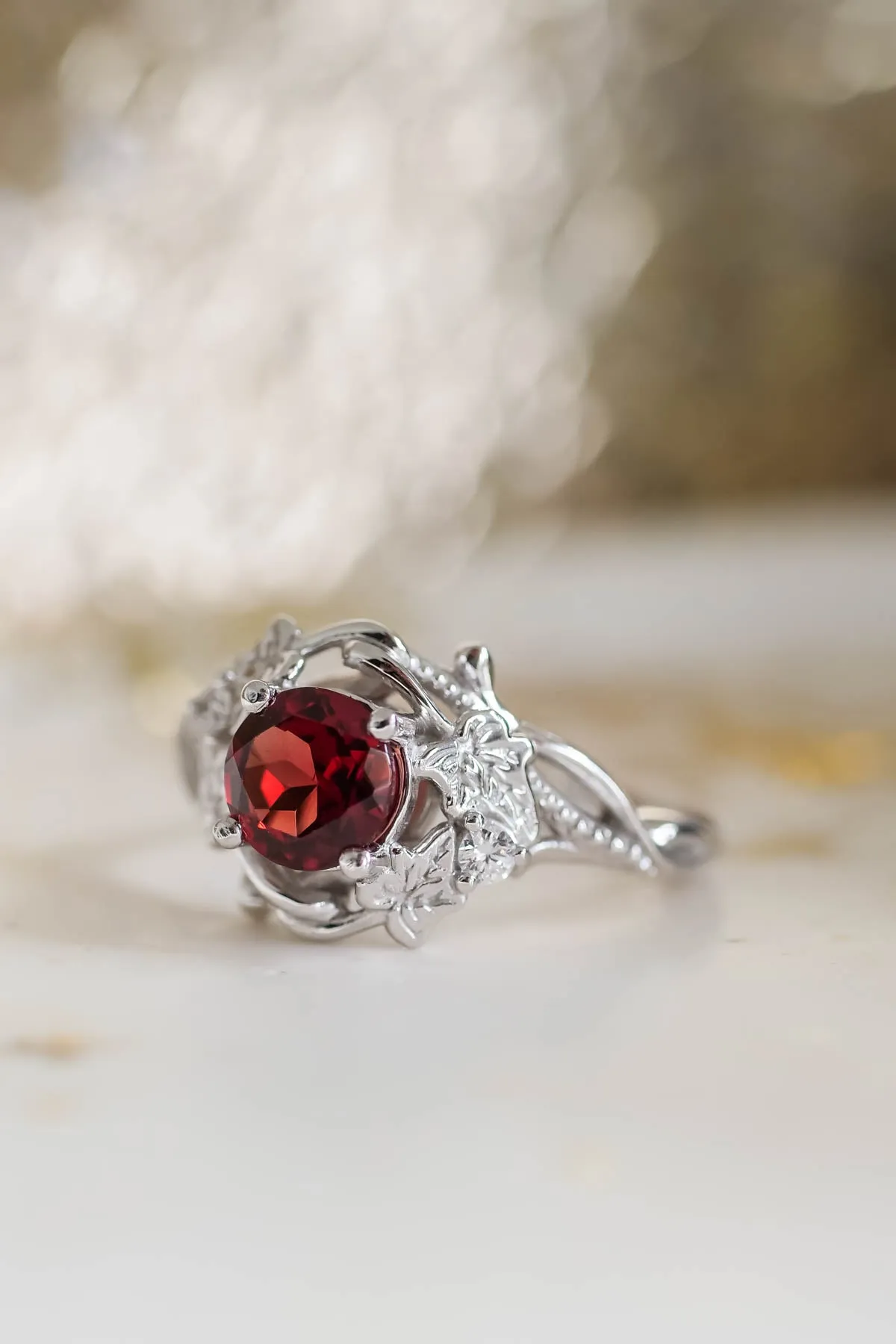 Natural garnet ivy leaves engagement ring, red gemstone ring / Ivy Undina