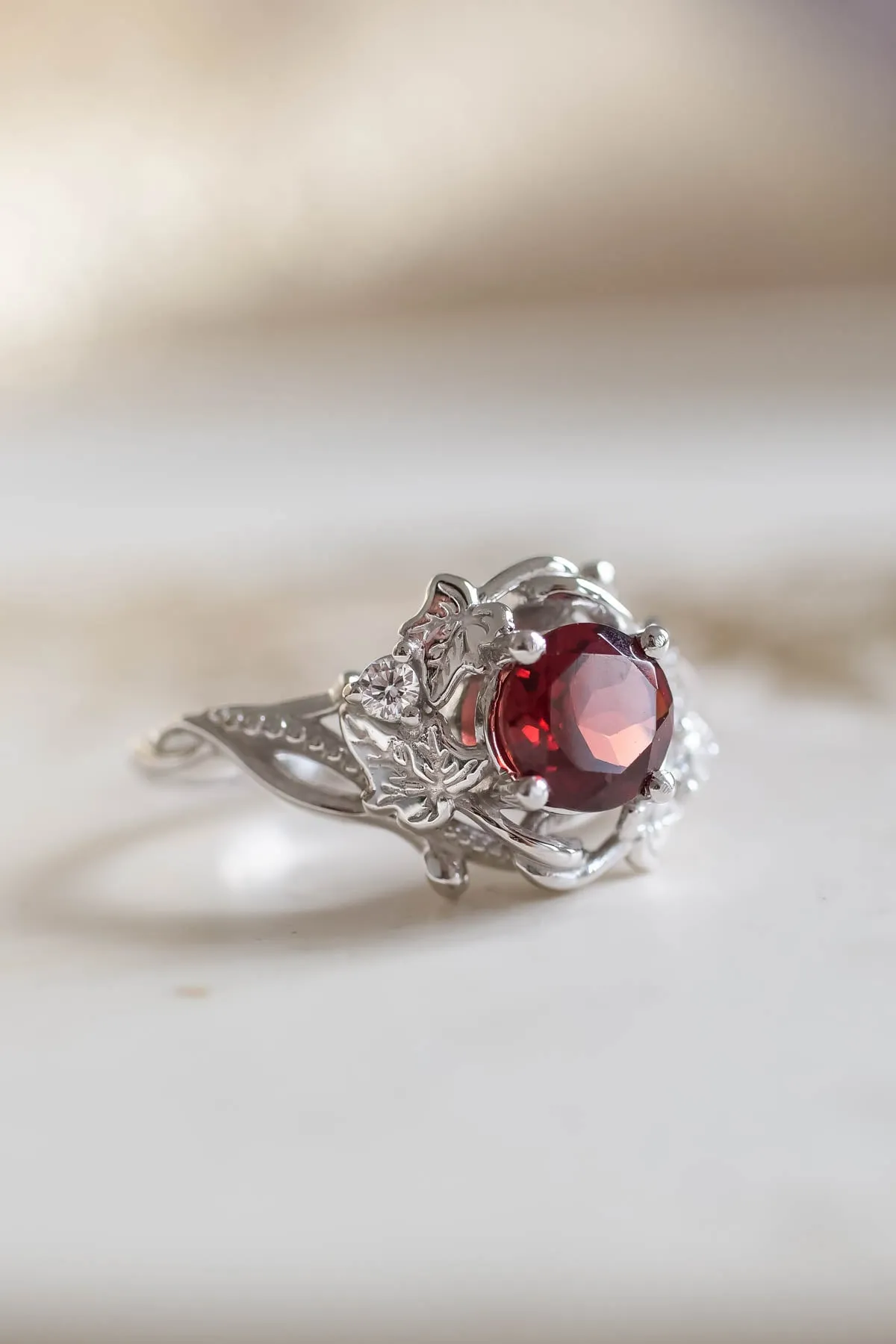 Natural garnet ivy leaves engagement ring, red gemstone ring / Ivy Undina
