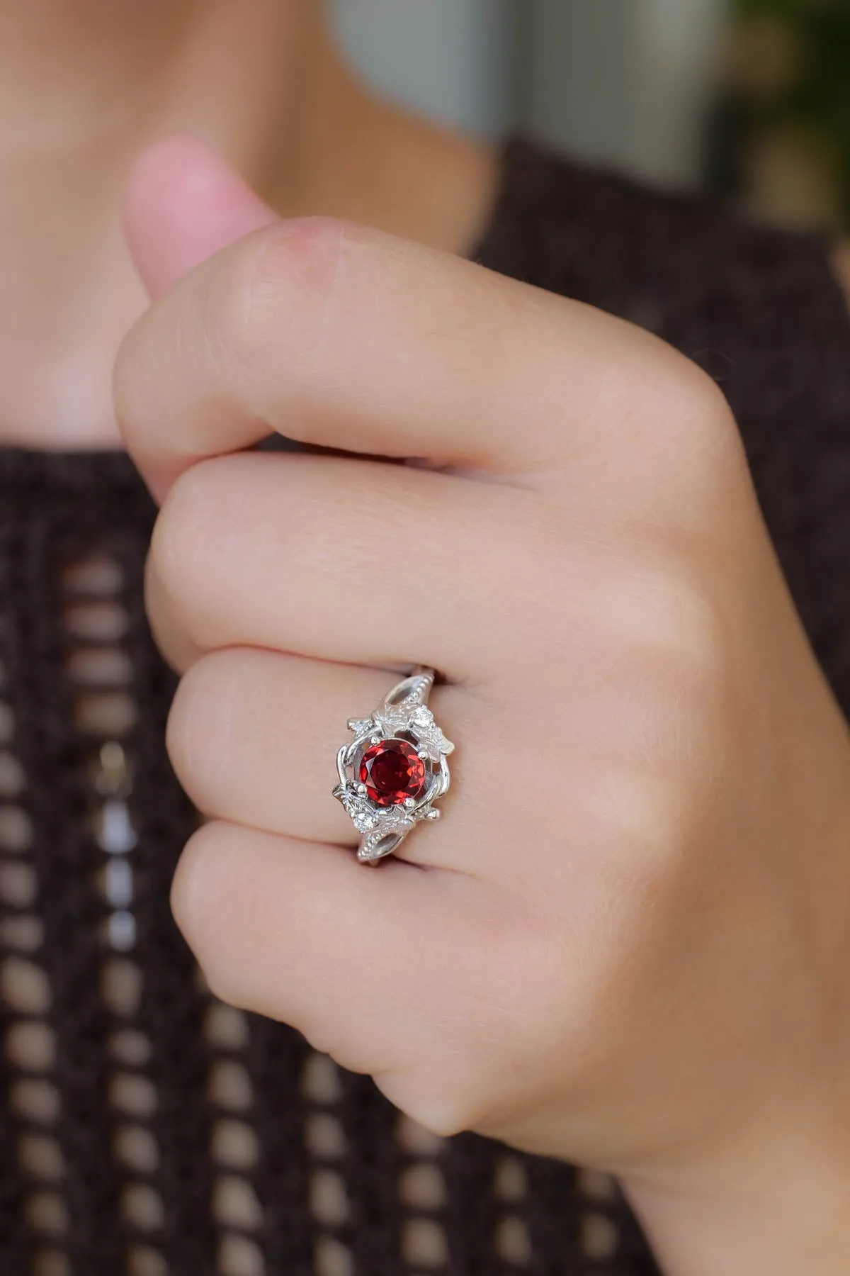 Natural garnet ivy leaves engagement ring, red gemstone ring / Ivy Undina