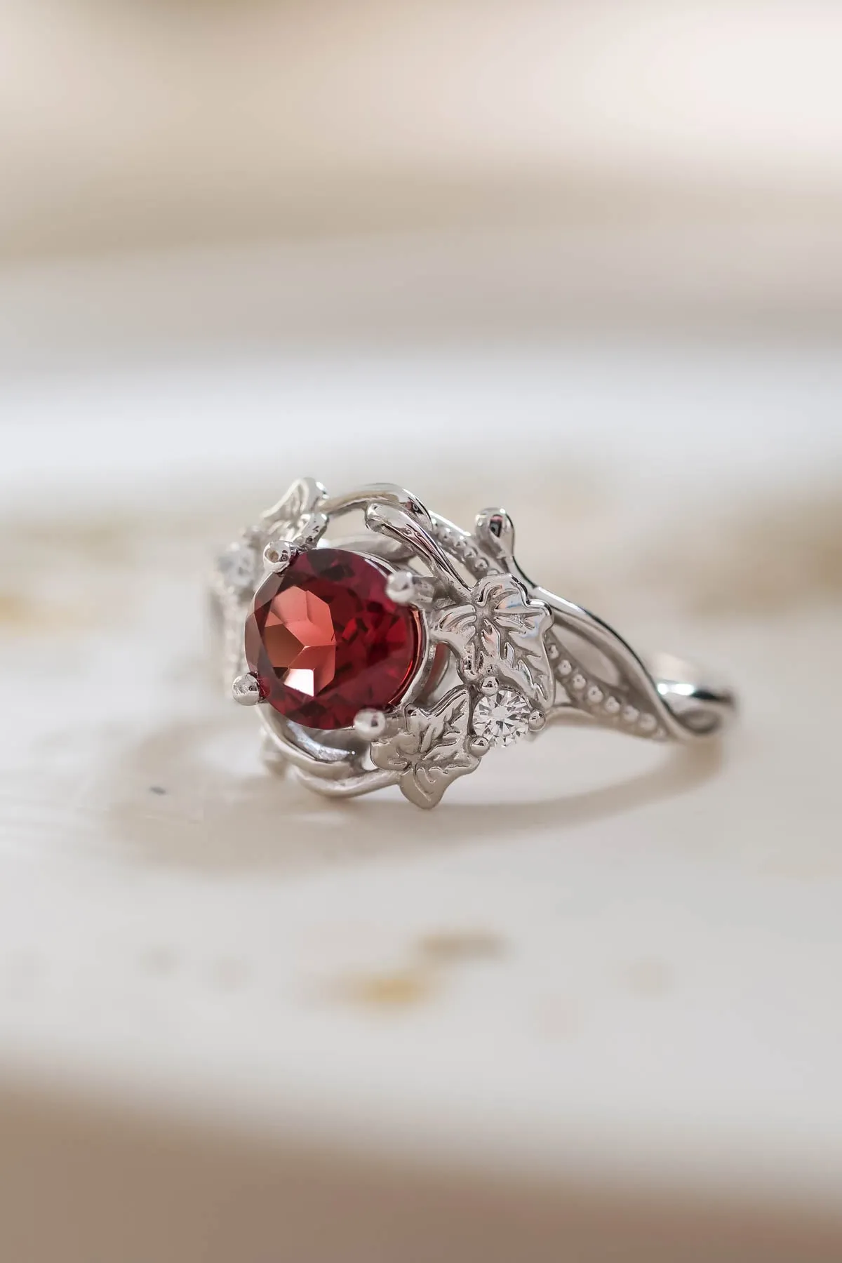 Natural garnet ivy leaves engagement ring, red gemstone ring / Ivy Undina