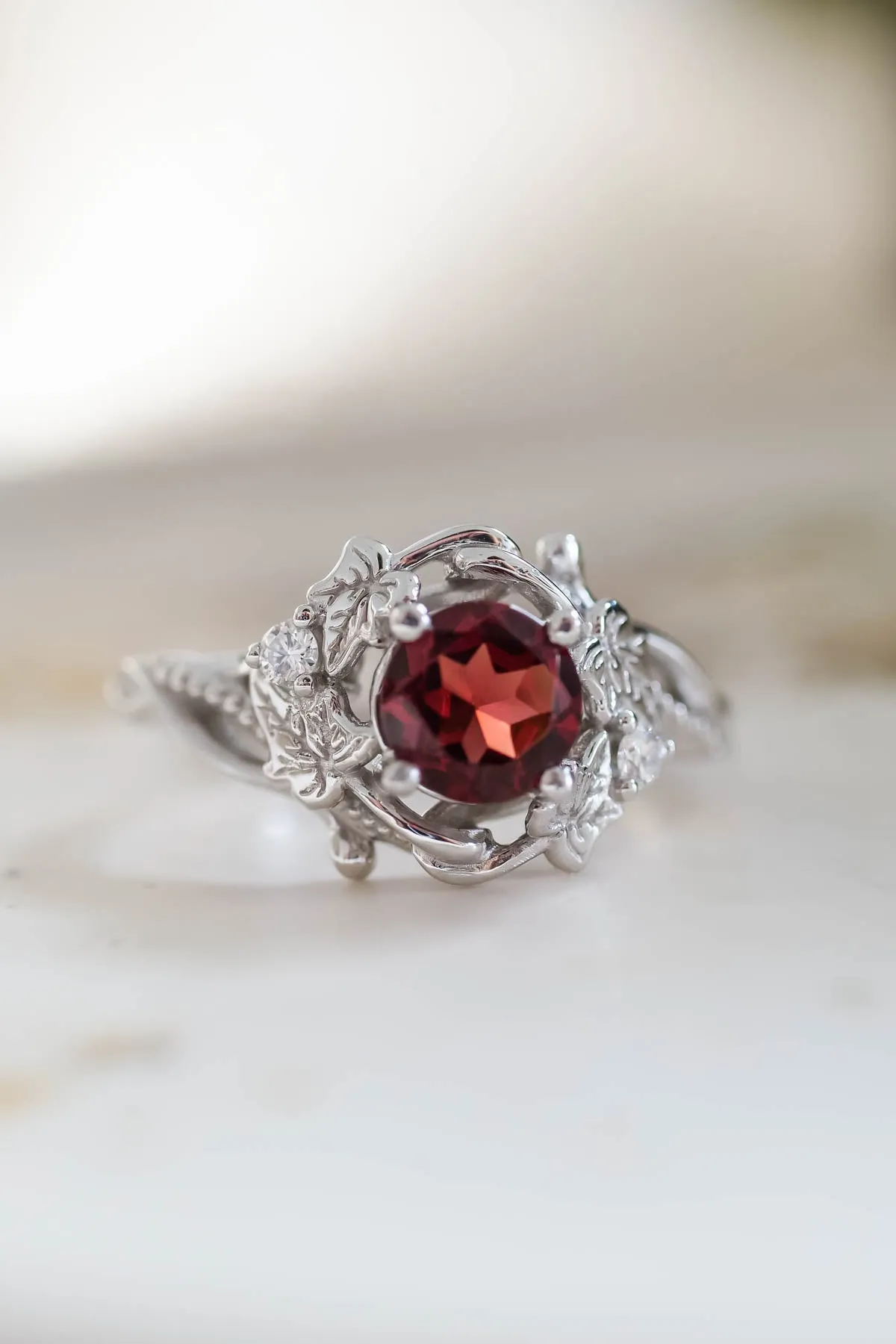 Natural garnet ivy leaves engagement ring, red gemstone ring / Ivy Undina