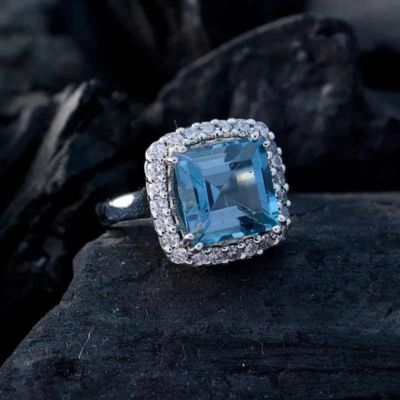 Nice Gem Blue Topaz Solid Silver Ring Mother And Daughter Jewelry