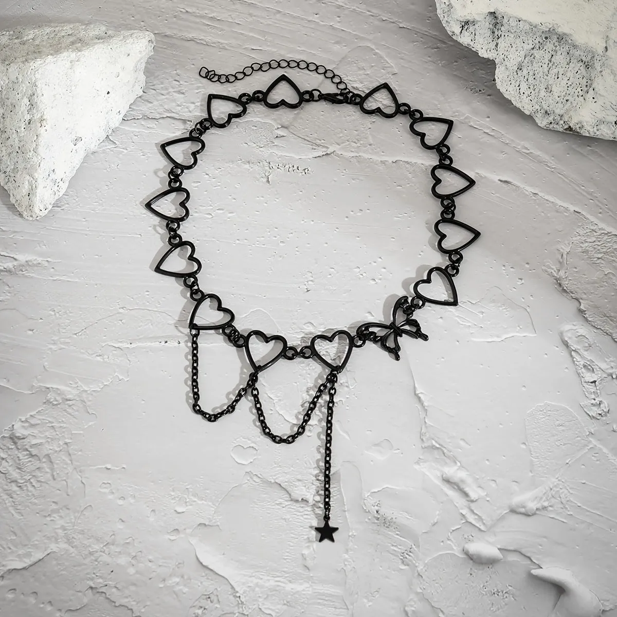Punk Style Hollow Heart Choker Necklace With Star Shape Pendant Hollow Chain Tassel Adjustable Neck Jewelry Decoration For Women & Girls Party Clothings Accessories