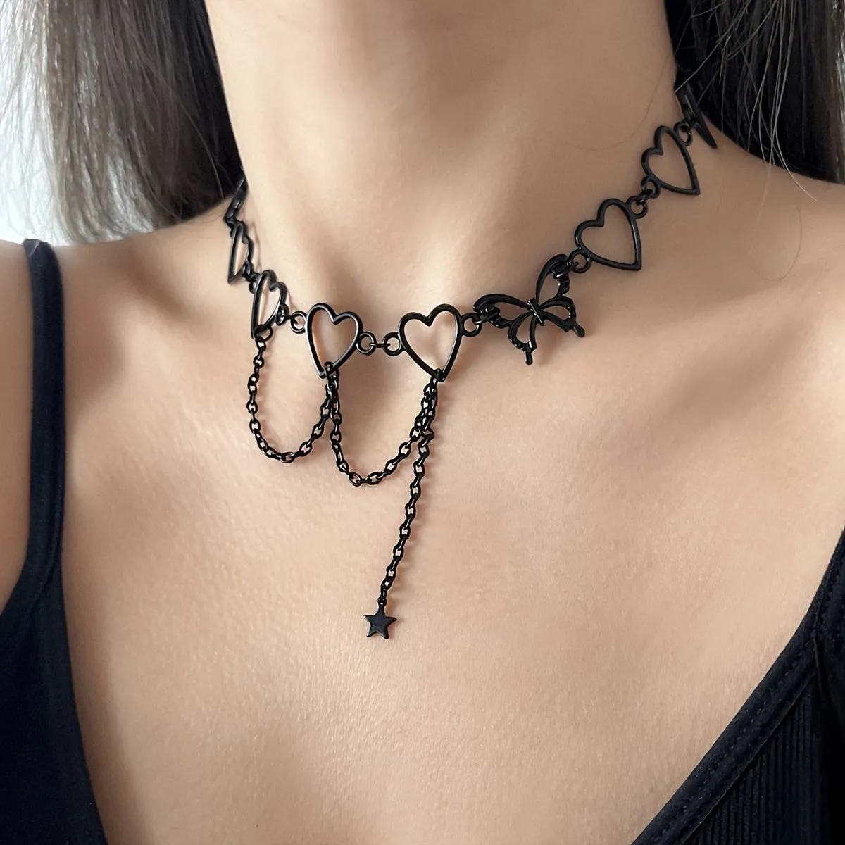 Punk Style Hollow Heart Choker Necklace With Star Shape Pendant Hollow Chain Tassel Adjustable Neck Jewelry Decoration For Women & Girls Party Clothings Accessories