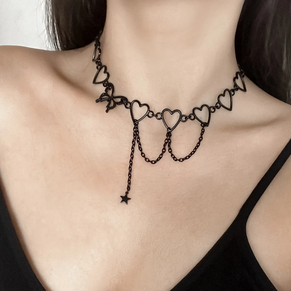 Punk Style Hollow Heart Choker Necklace With Star Shape Pendant Hollow Chain Tassel Adjustable Neck Jewelry Decoration For Women & Girls Party Clothings Accessories