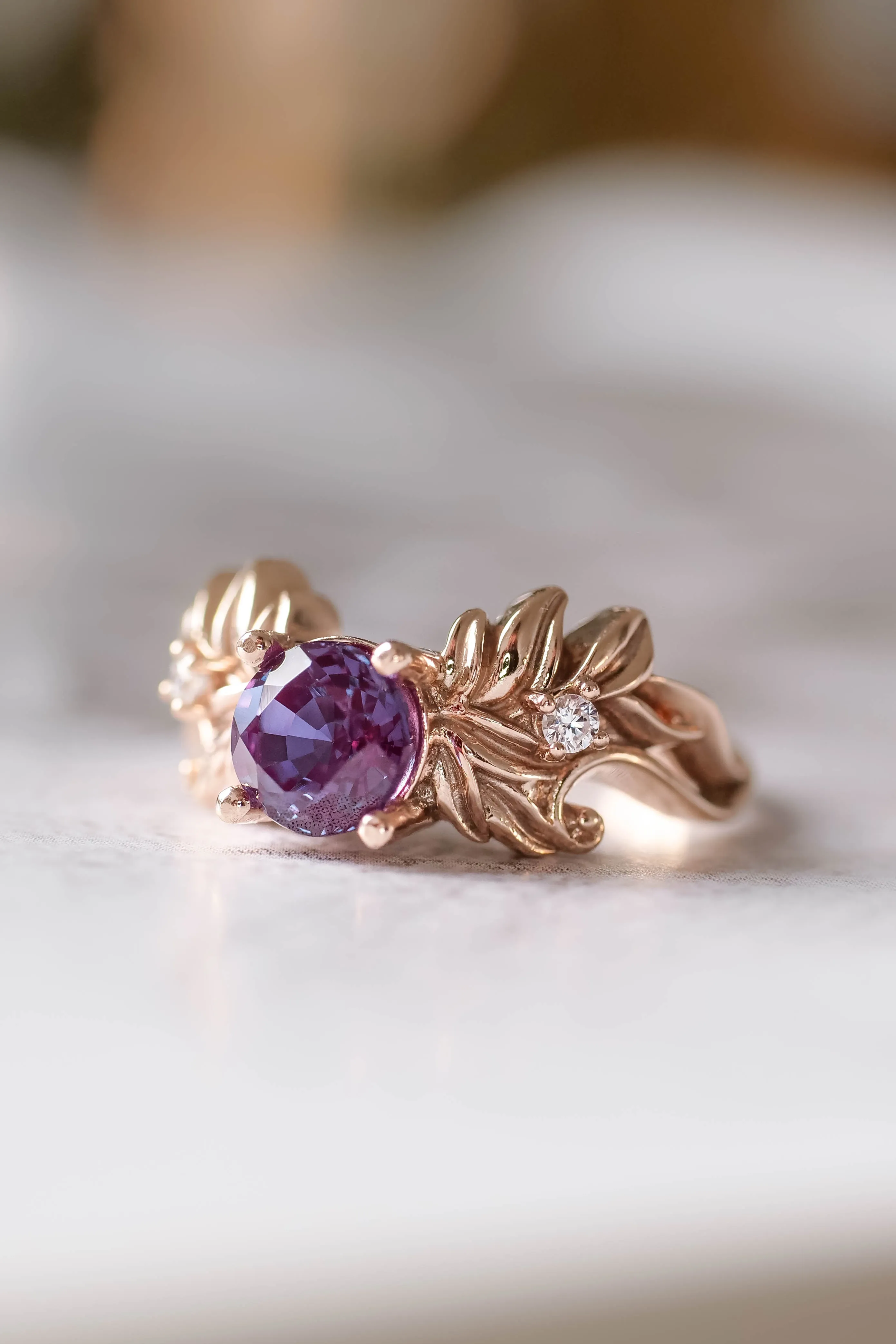 READY TO SHIP: 14K rose gold, round lab alexandrite 6.5 mm, moissanites, RING SIZE 6.75 US