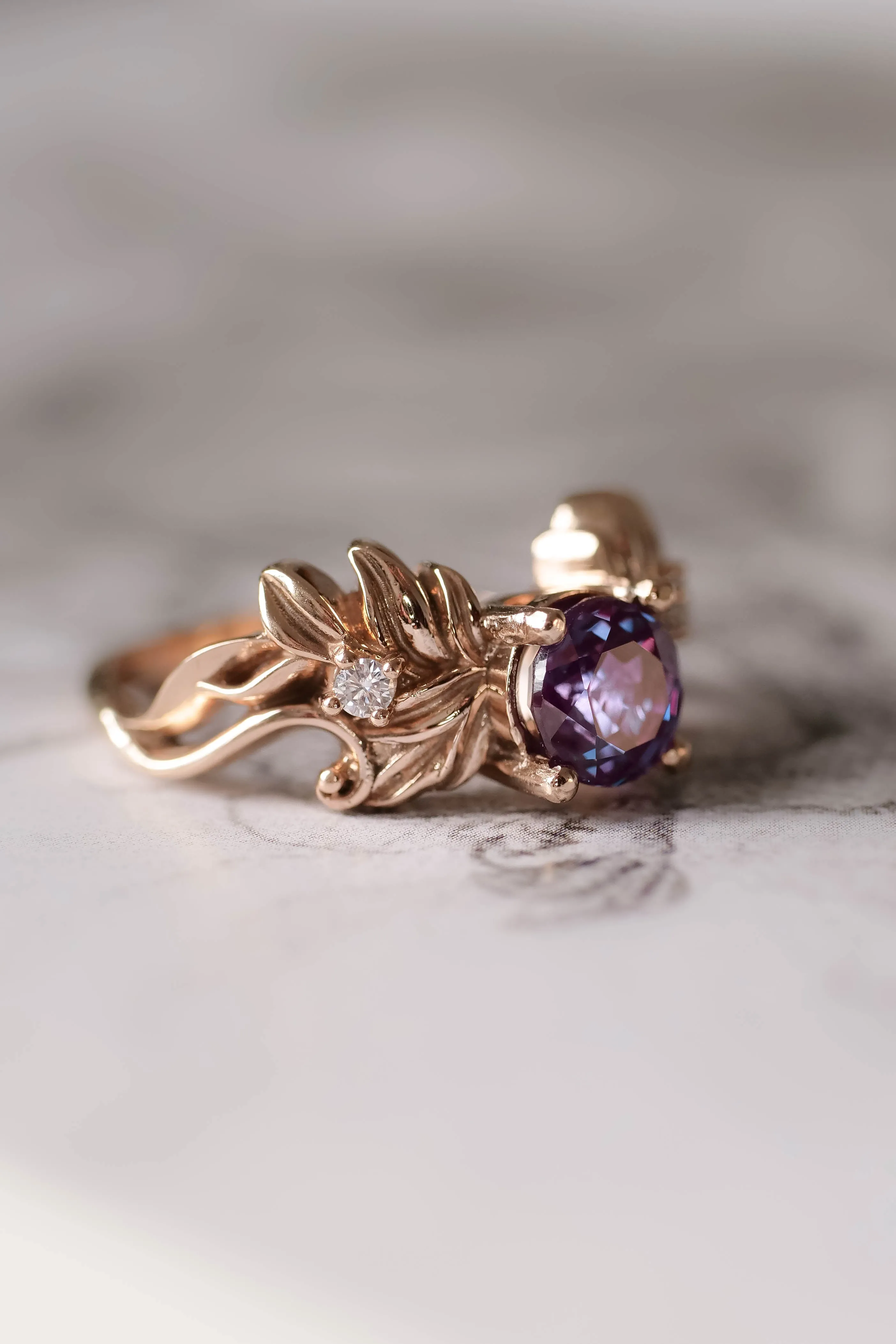 READY TO SHIP: 14K rose gold, round lab alexandrite 6.5 mm, moissanites, RING SIZE 6.75 US