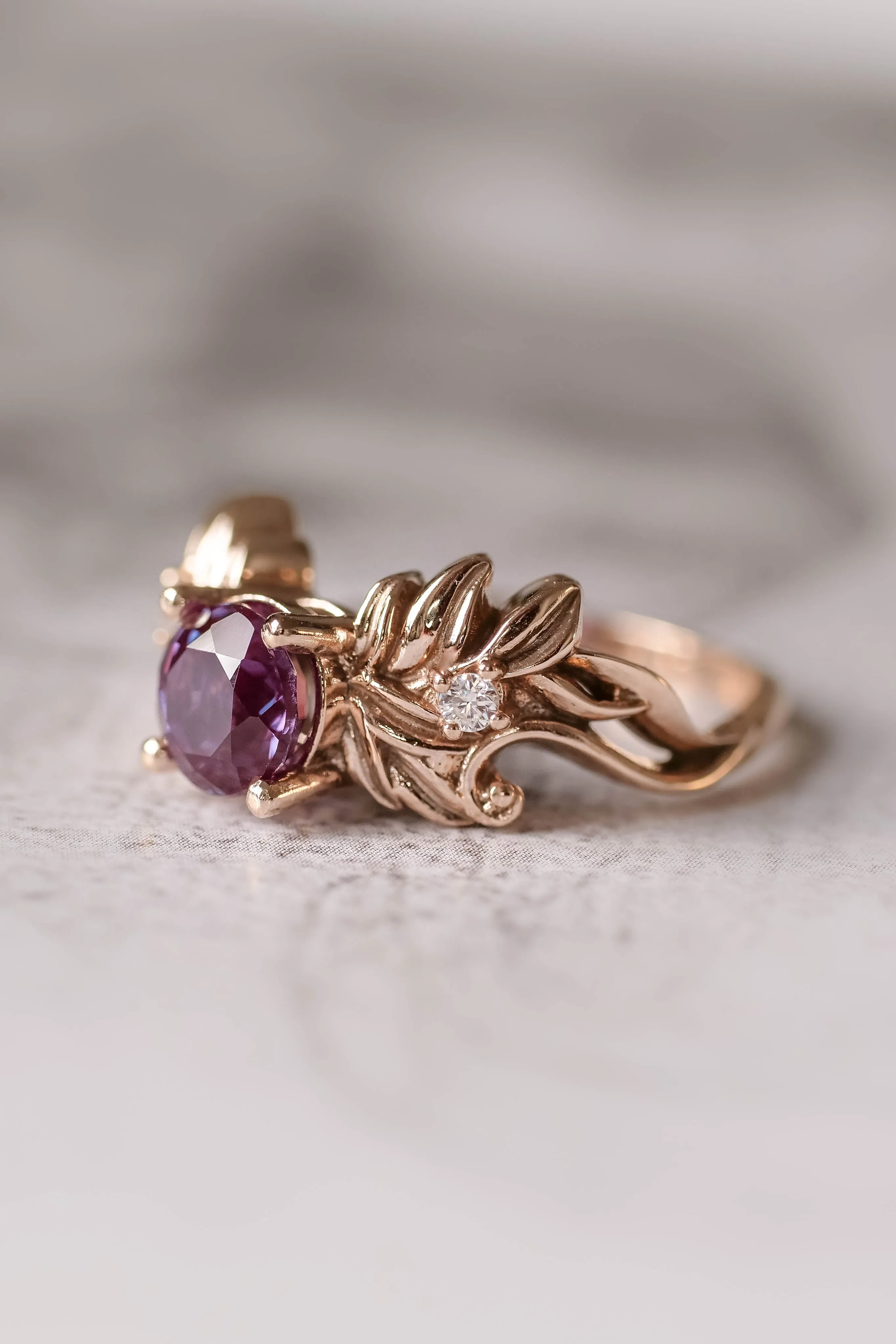 READY TO SHIP: 14K rose gold, round lab alexandrite 6.5 mm, moissanites, RING SIZE 6.75 US