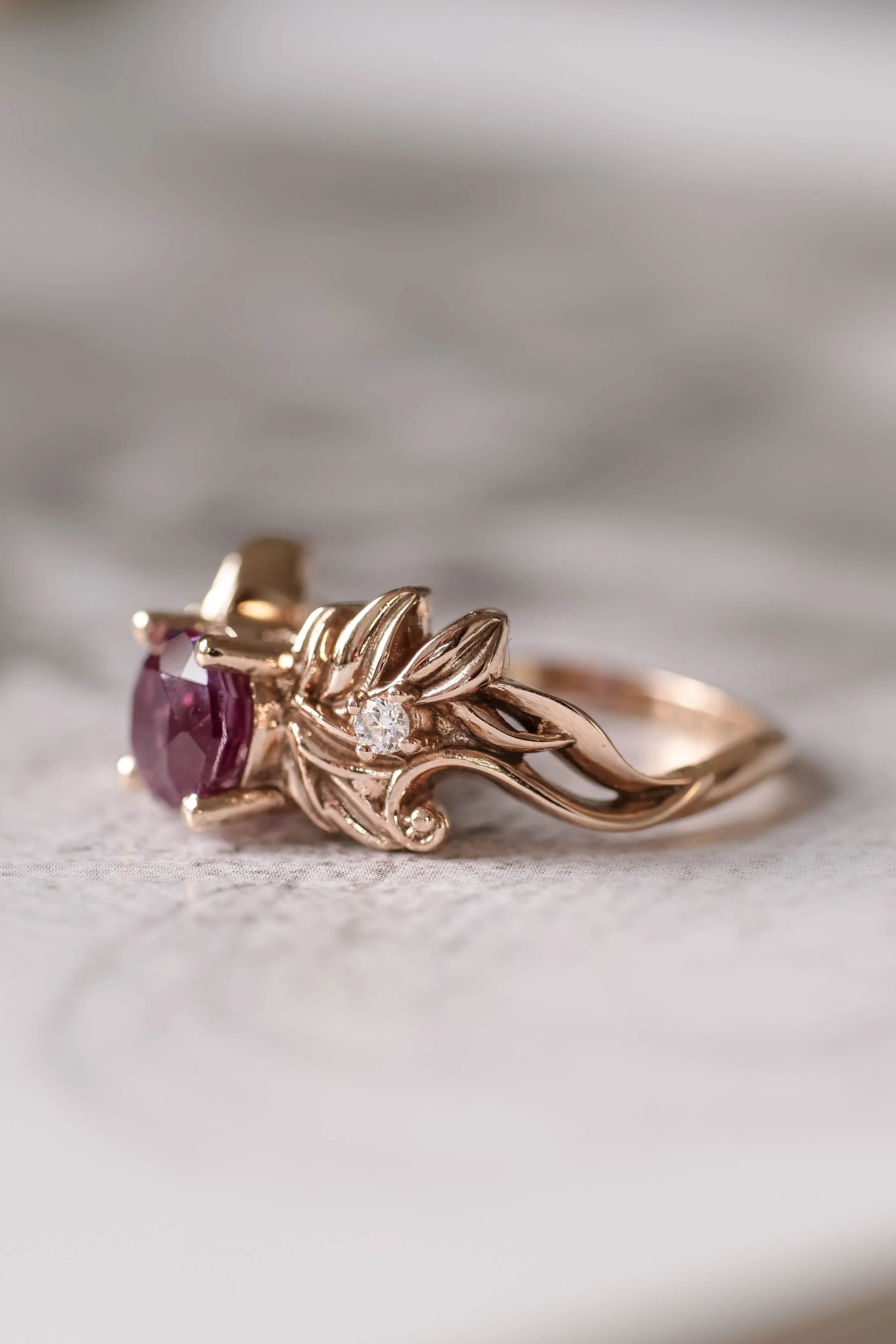 READY TO SHIP: 14K rose gold, round lab alexandrite 6.5 mm, moissanites, RING SIZE 6.75 US
