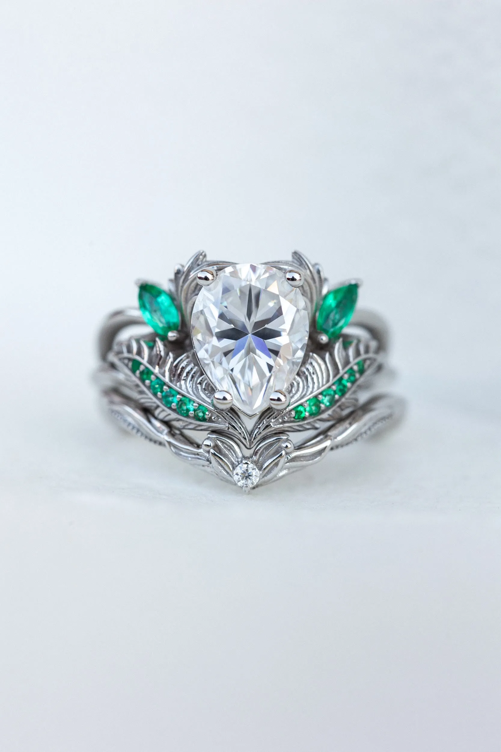 READY TO SHIP: Adonis ring in 14K white gold, moissanite pear cut 9x7 mm, accent moissanite and natural emeralds, AVAILABLE RING SIZES: 4.25-6.25US