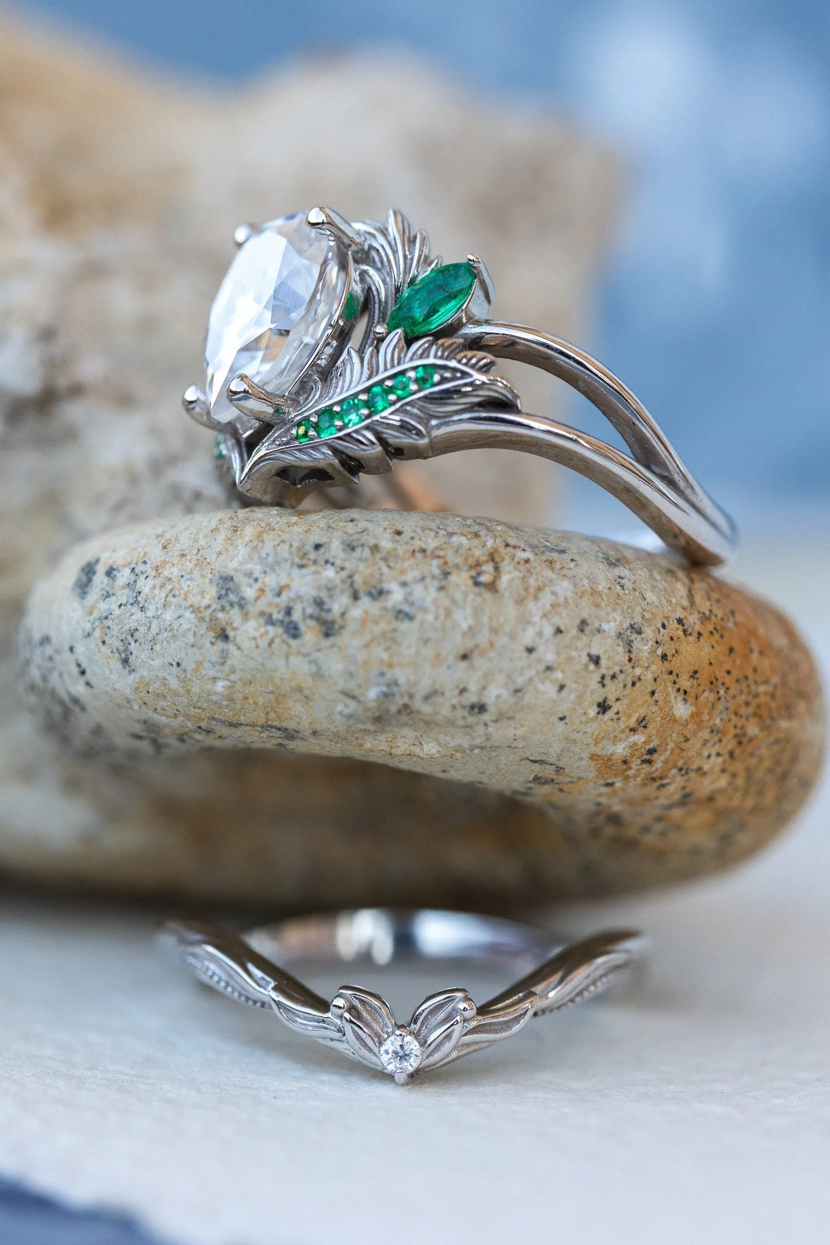 READY TO SHIP: Adonis ring in 14K white gold, moissanite pear cut 9x7 mm, accent moissanite and natural emeralds, AVAILABLE RING SIZES: 4.25-6.25US