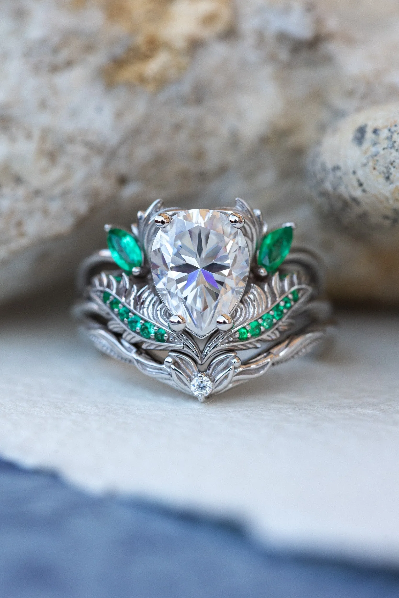 READY TO SHIP: Adonis ring in 14K white gold, moissanite pear cut 9x7 mm, accent moissanite and natural emeralds, AVAILABLE RING SIZES: 4.25-6.25US