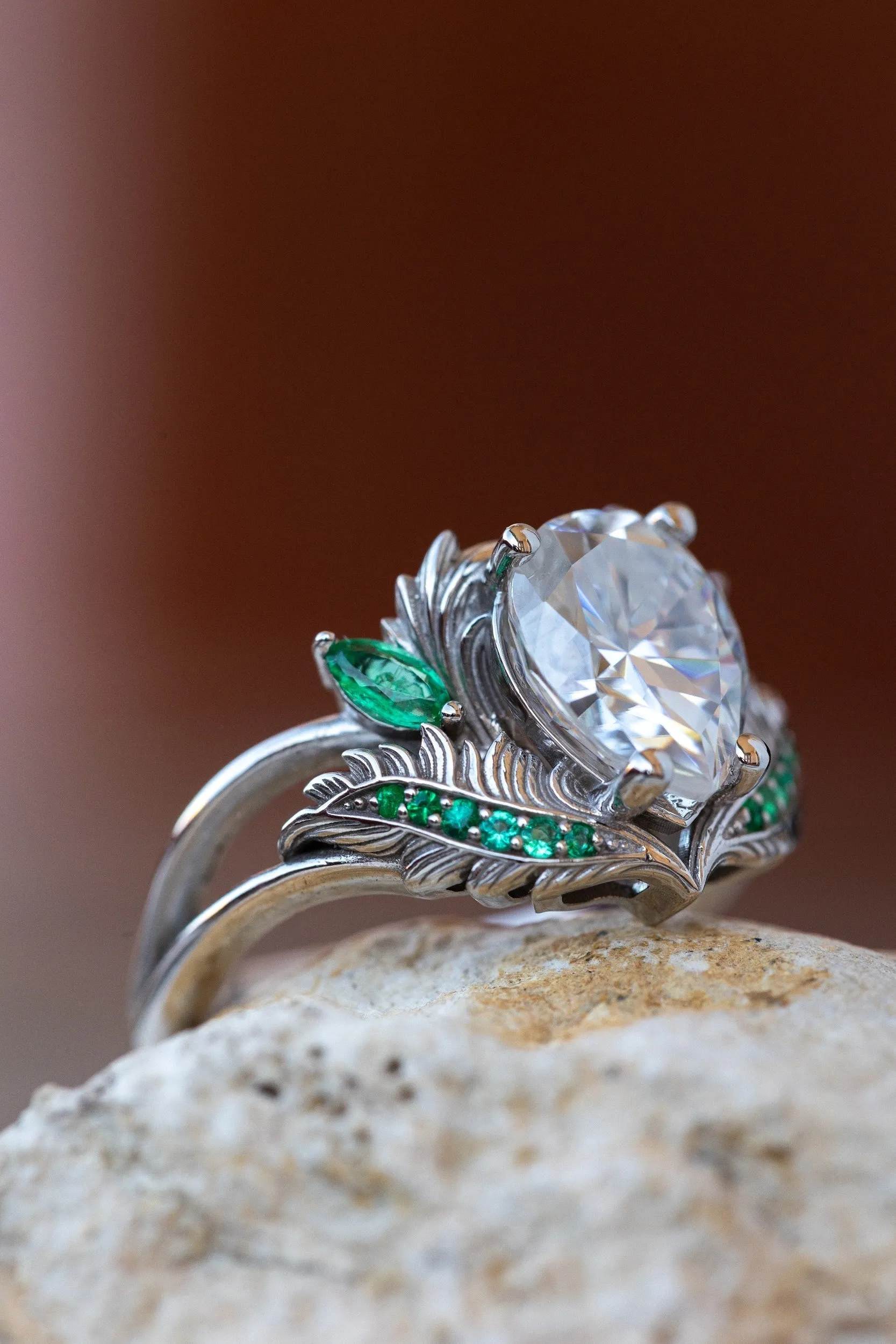 READY TO SHIP: Adonis ring in 14K white gold, moissanite pear cut 9x7 mm, accent moissanite and natural emeralds, AVAILABLE RING SIZES: 4.25-6.25US