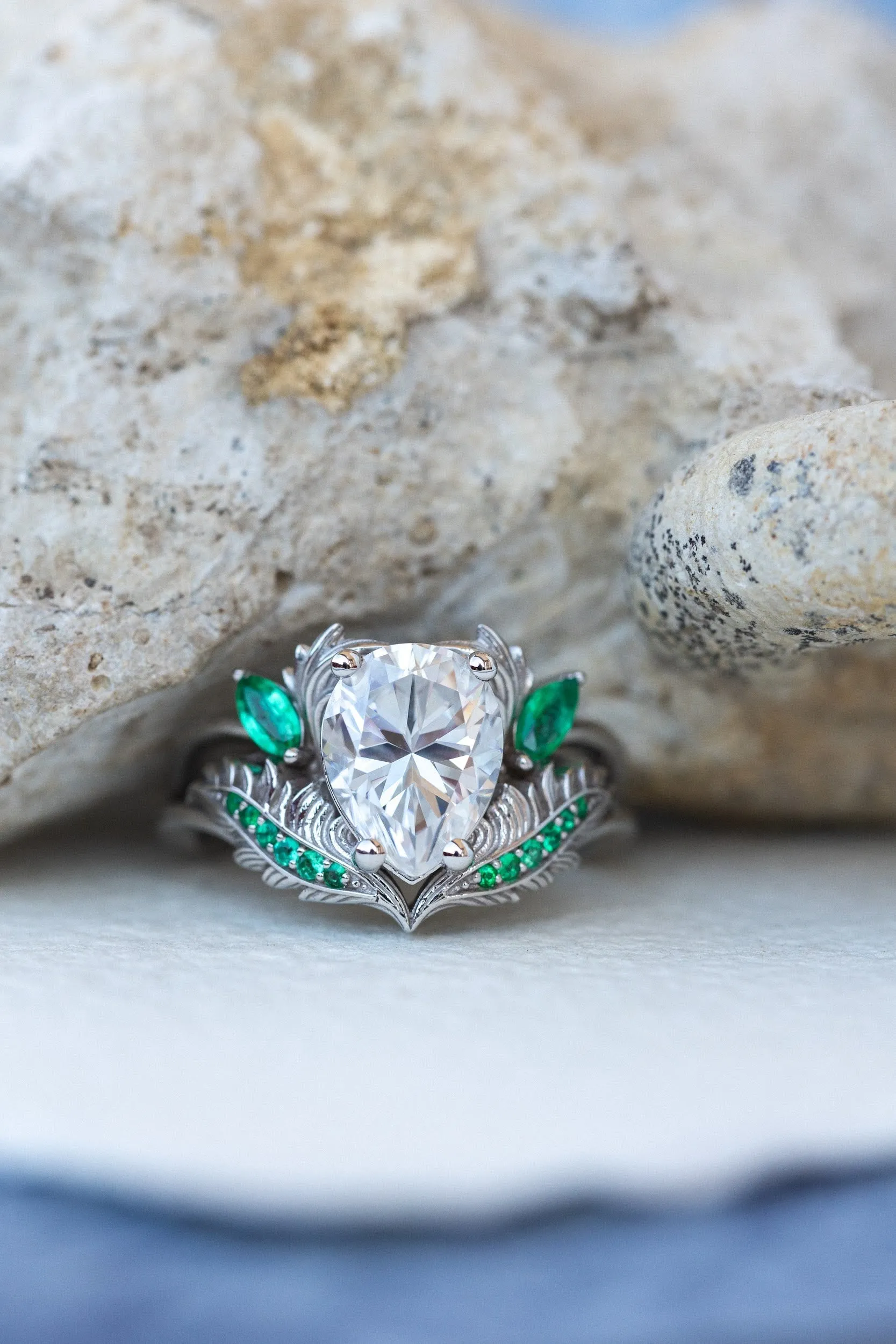 READY TO SHIP: Adonis ring in 14K white gold, moissanite pear cut 9x7 mm, accent moissanite and natural emeralds, AVAILABLE RING SIZES: 4.25-6.25US