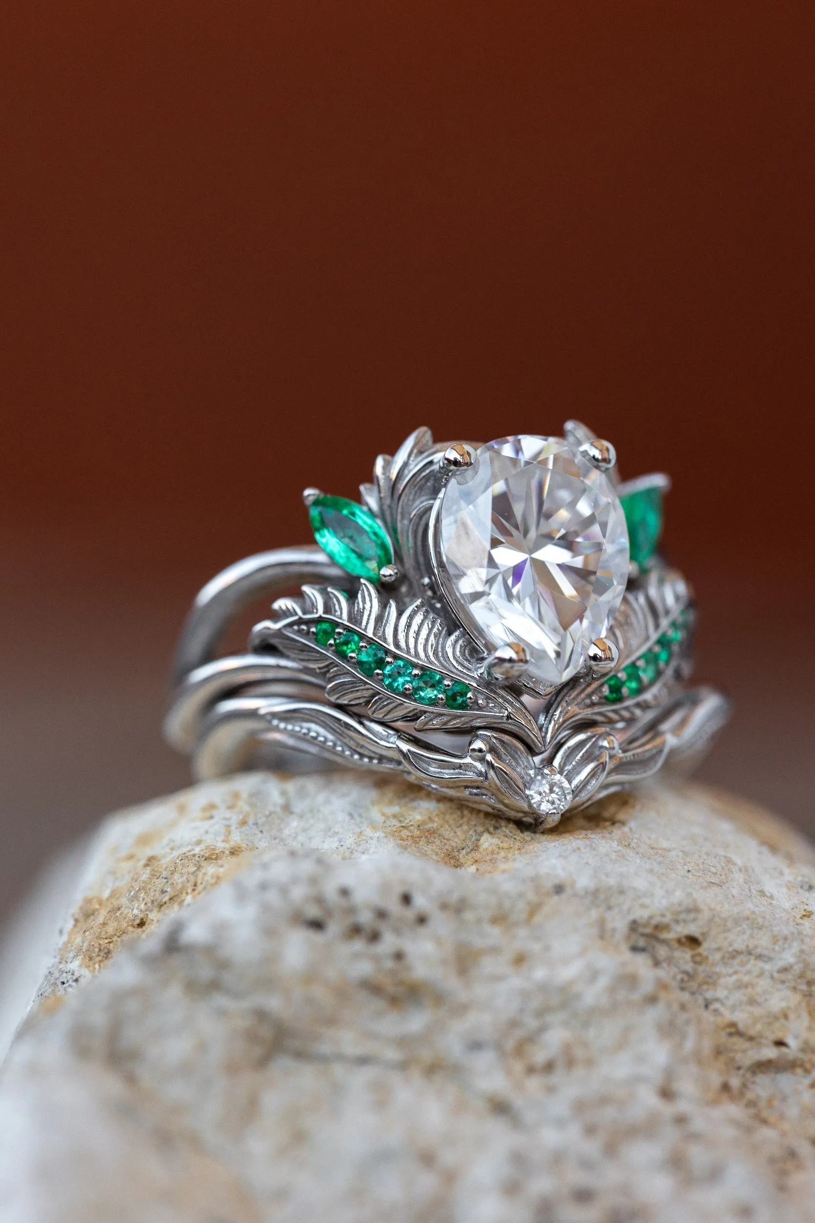 READY TO SHIP: Adonis ring in 14K white gold, moissanite pear cut 9x7 mm, accent moissanite and natural emeralds, AVAILABLE RING SIZES: 4.25-6.25US