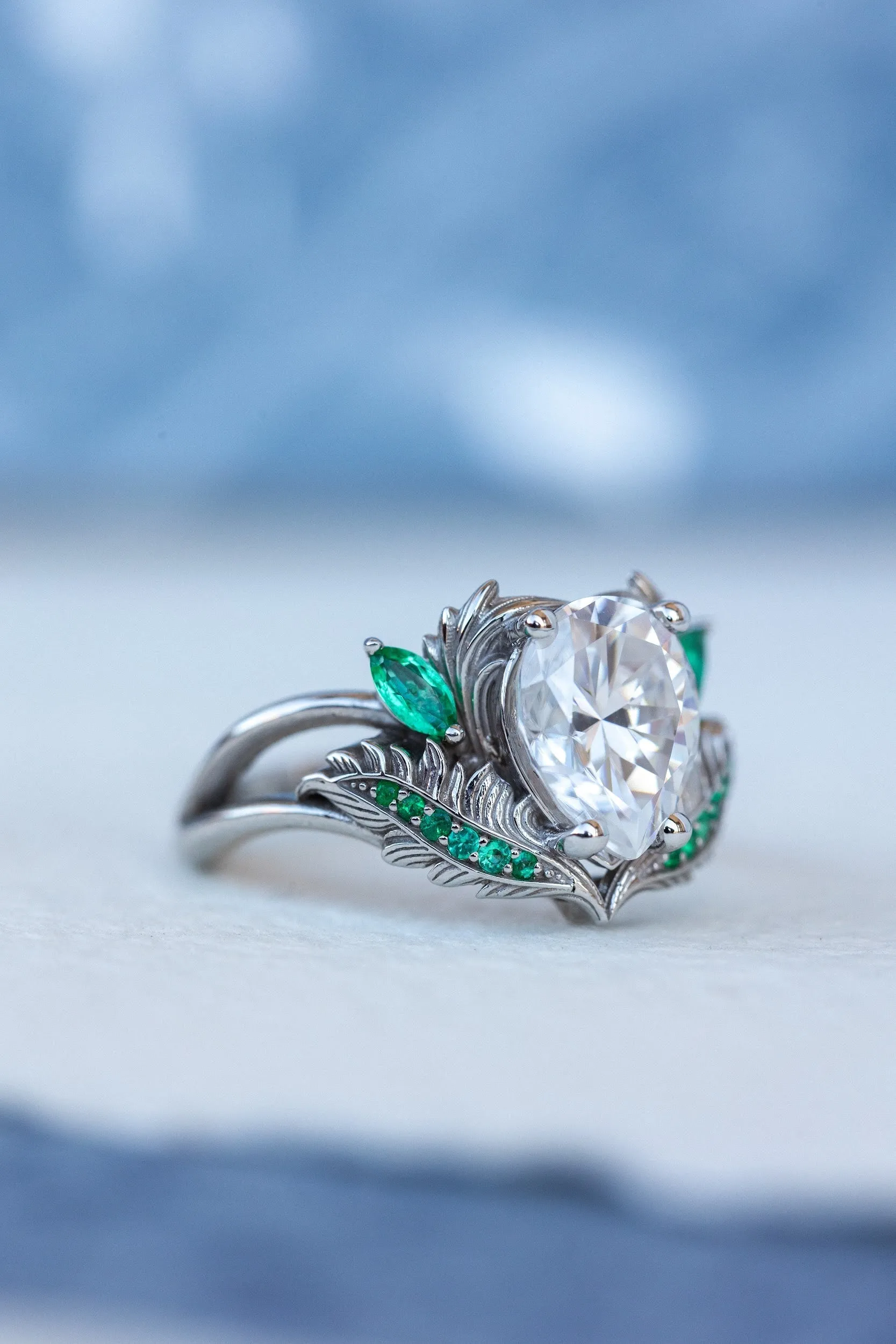 READY TO SHIP: Adonis ring in 14K white gold, moissanite pear cut 9x7 mm, accent moissanite and natural emeralds, AVAILABLE RING SIZES: 4.25-6.25US