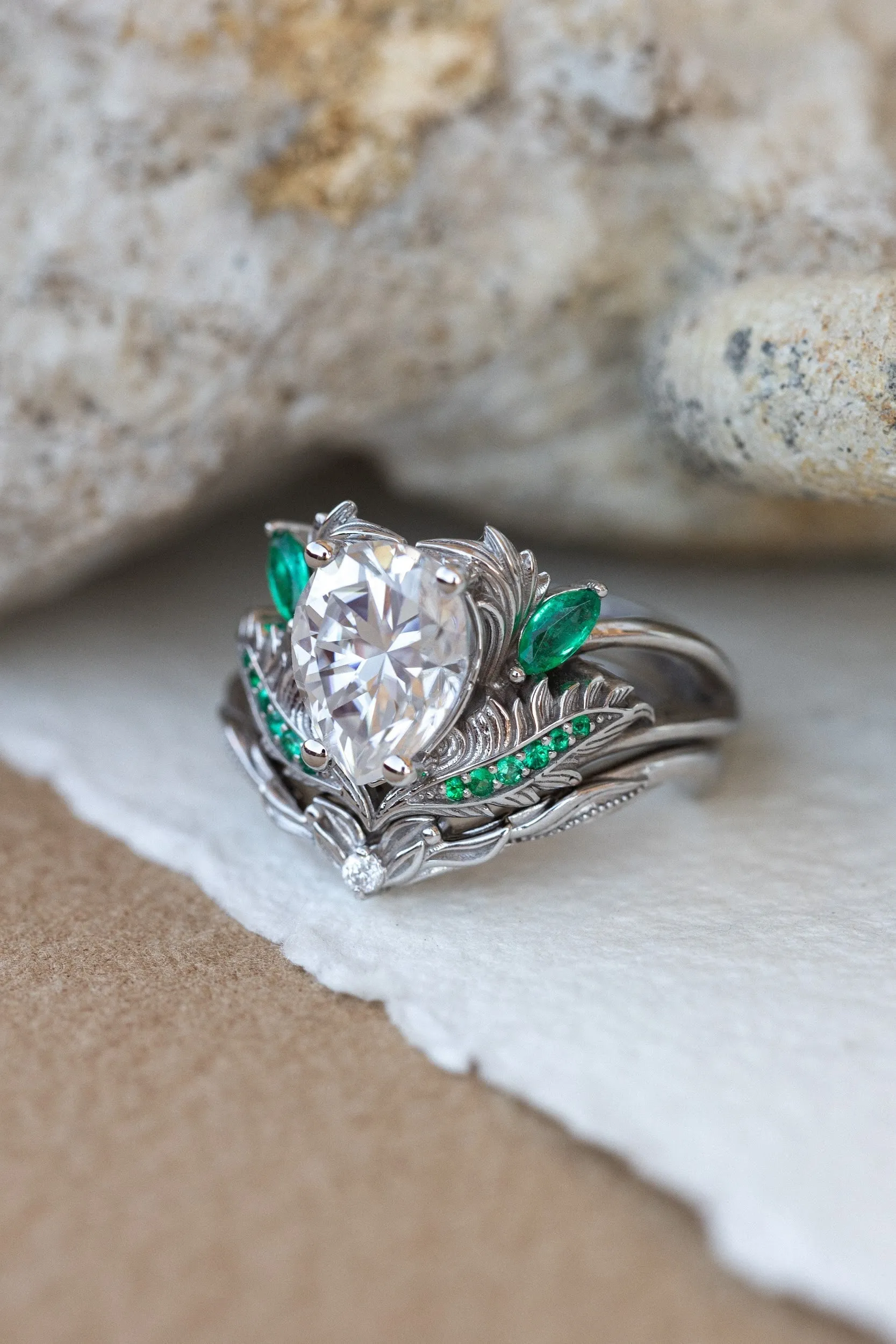 READY TO SHIP: Adonis ring in 14K white gold, moissanite pear cut 9x7 mm, accent moissanite and natural emeralds, AVAILABLE RING SIZES: 4.25-6.25US