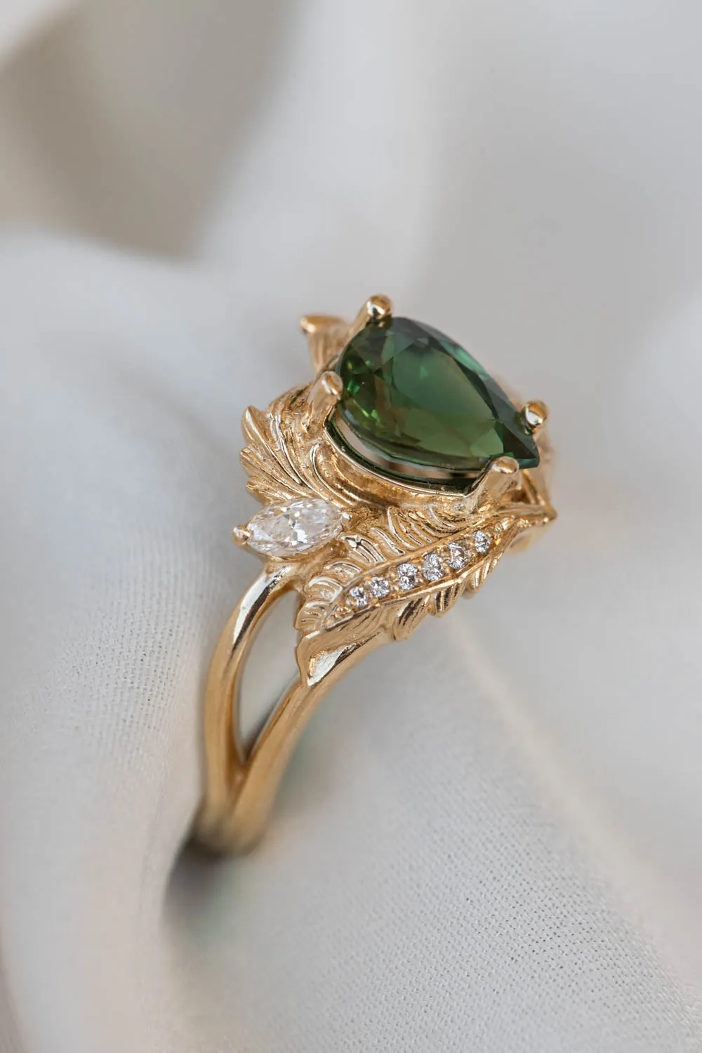 RESERVED: Natural sapphire gold leaf engagement ring, pear green gemstone ring with diamonds / Adonis