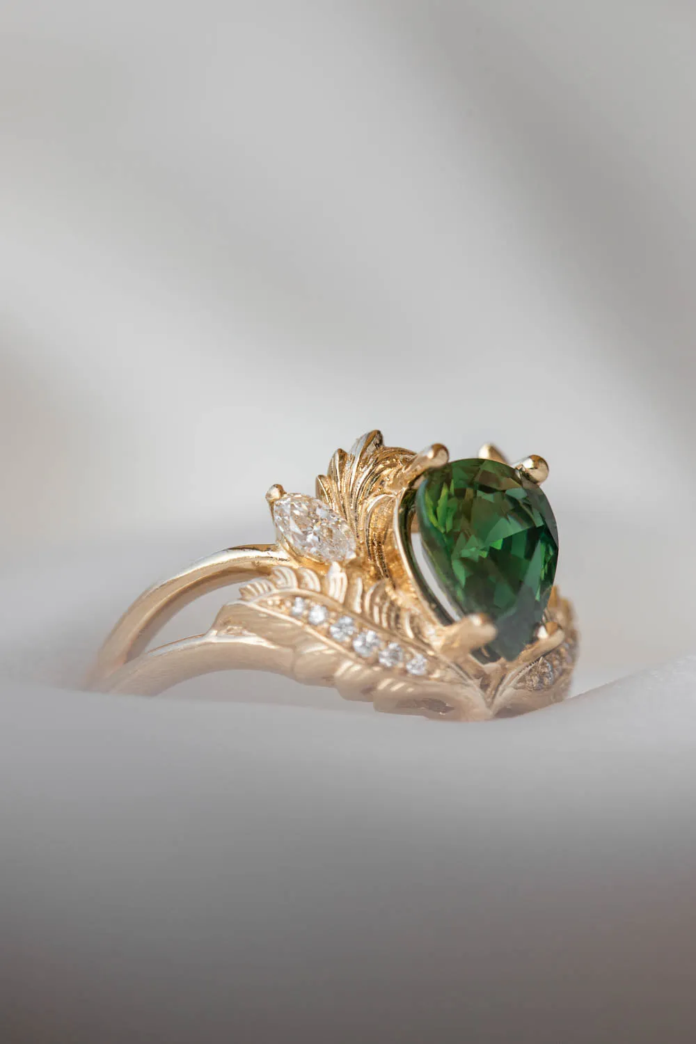RESERVED: Natural sapphire gold leaf engagement ring, pear green gemstone ring with diamonds / Adonis