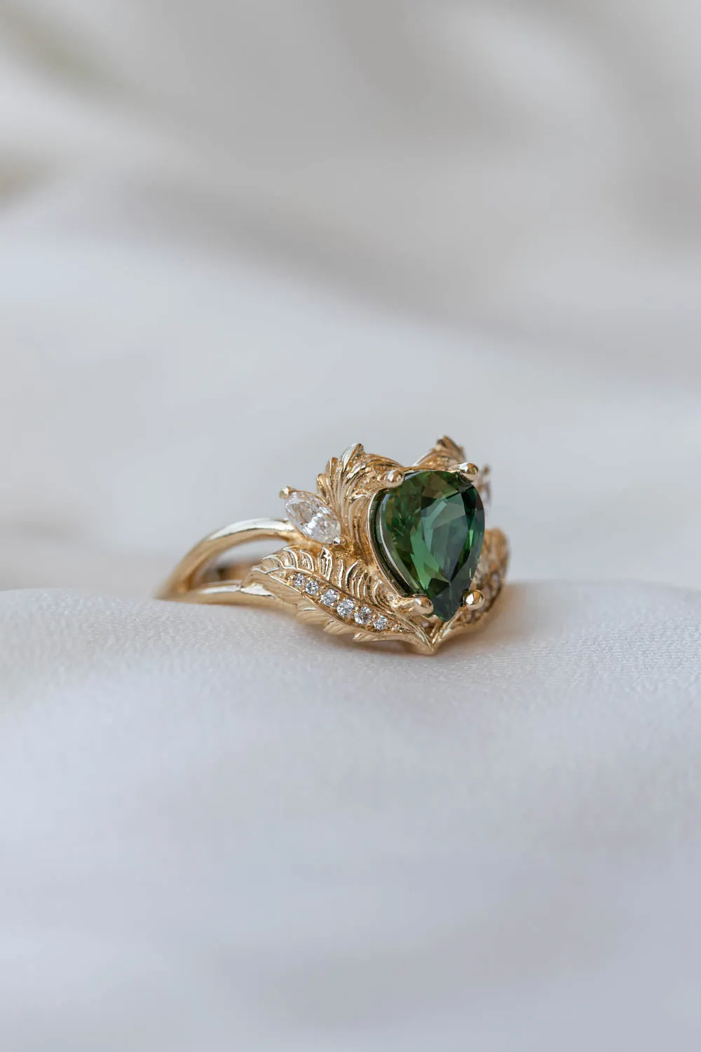RESERVED: Natural sapphire gold leaf engagement ring, pear green gemstone ring with diamonds / Adonis