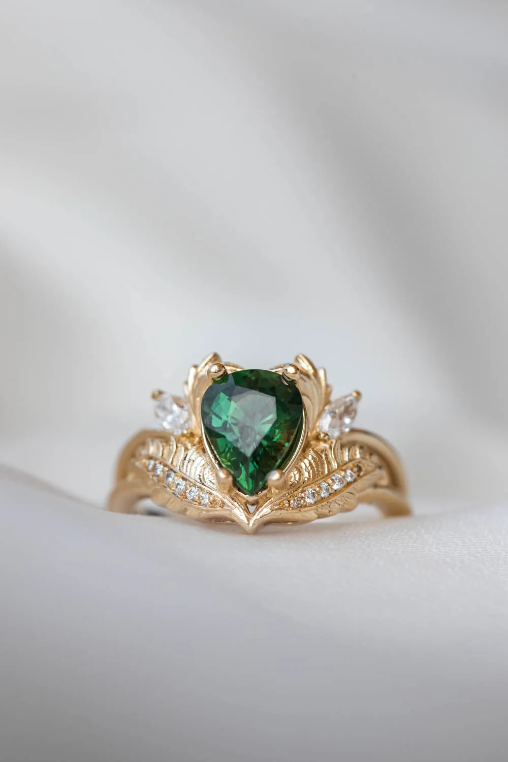 RESERVED: Natural sapphire gold leaf engagement ring, pear green gemstone ring with diamonds / Adonis