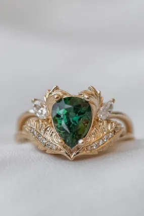 RESERVED: Natural sapphire gold leaf engagement ring, pear green gemstone ring with diamonds / Adonis