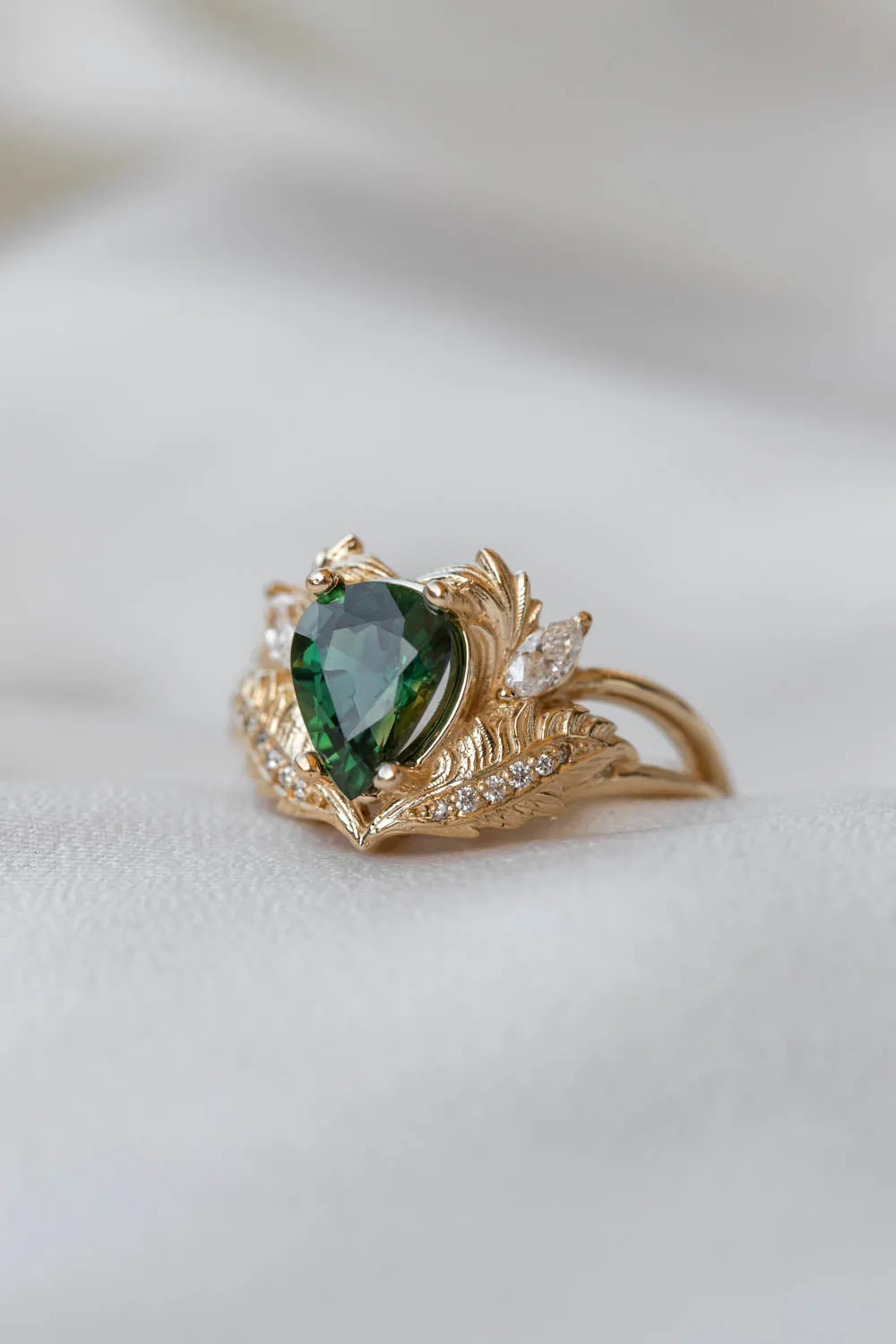 RESERVED: Natural sapphire gold leaf engagement ring, pear green gemstone ring with diamonds / Adonis