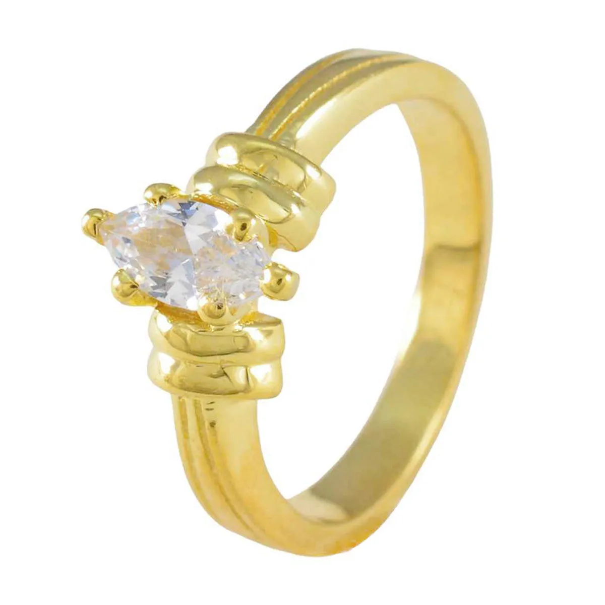 Riyo Exporter Silver Ring With Yellow Gold Plating White CZ Stone Marquise Shape Prong Setting Ring