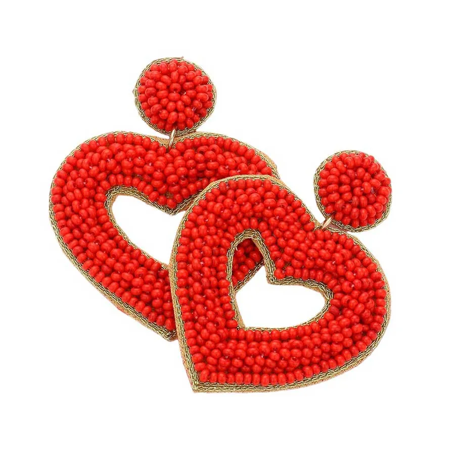 Seed Beaded Open Heart Dangle Earrings
